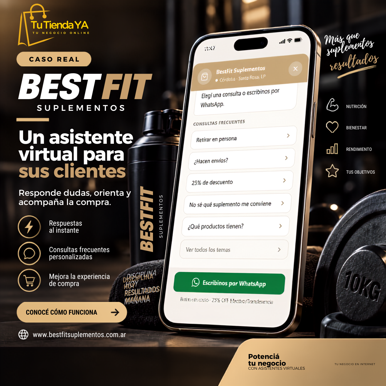 Asistente automático de BestFit Suplementos, hecho en Tiendanube